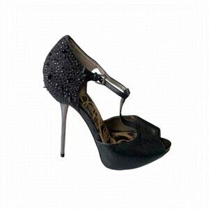 Sam EDELMAN Scarlet T-Strap Spiked High Heel Embellished Shoes Black 7.5